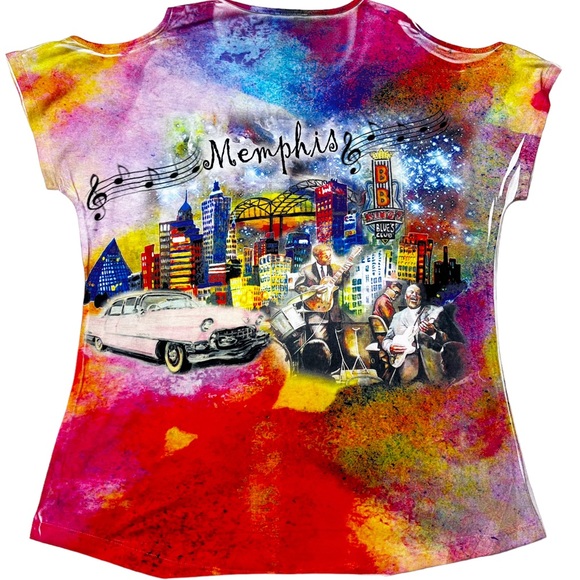NWOT Mid-South Products Memphis 3-D Printed Graphic Cold Shoulder Tee Women’s M - Picture 2 of 6